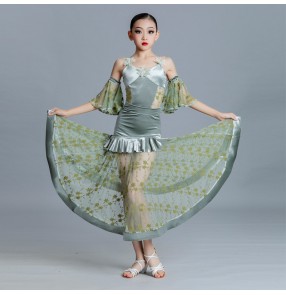 Girls kids green velvet flowers ballroom dance dresses modern waltz junior foxtrot ballroom smooth dance long skirts for kids